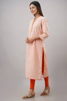 SVARCHI Women's Cotton Cambric Lehriya Print Straight Kurta (Orange) 3