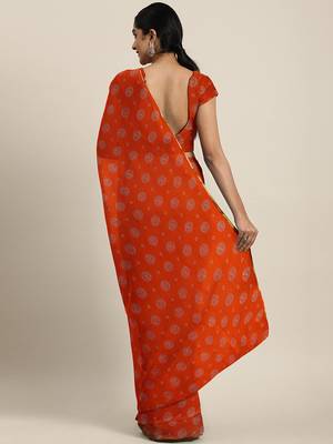 Orange printed georgette saree with blouse 2