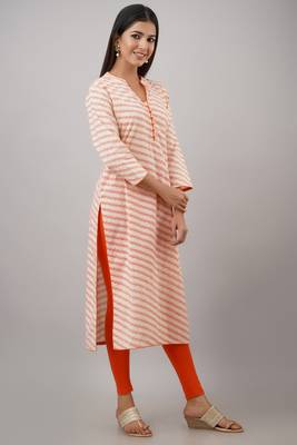 SVARCHI Women's Cotton Cambric Lehriya Print Straight Kurta (Orange) 4