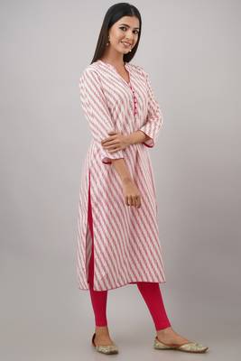 SVARCHI Women's Cotton Cambric Lehriya Print Straight Kurta (Pink) 4