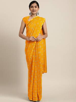 Yellow printed georgette saree with blouse 1
