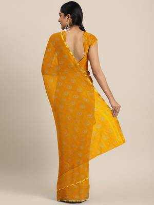 Yellow printed georgette saree with blouse 2