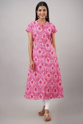 SVARCHI Women's Cotton Cambric Ikat Print A-Line Kurta (Pink) 1