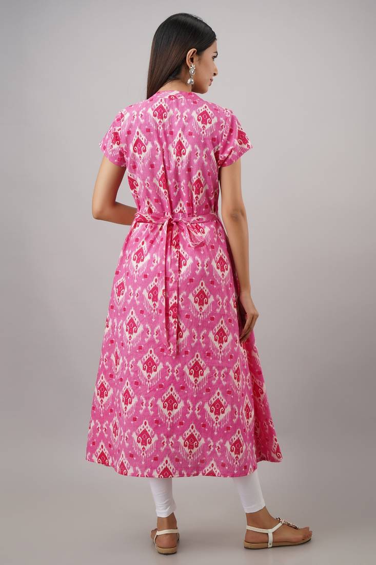 SVARCHI Women's Cotton Cambric Ikat Print A-Line Kurta (Pink)