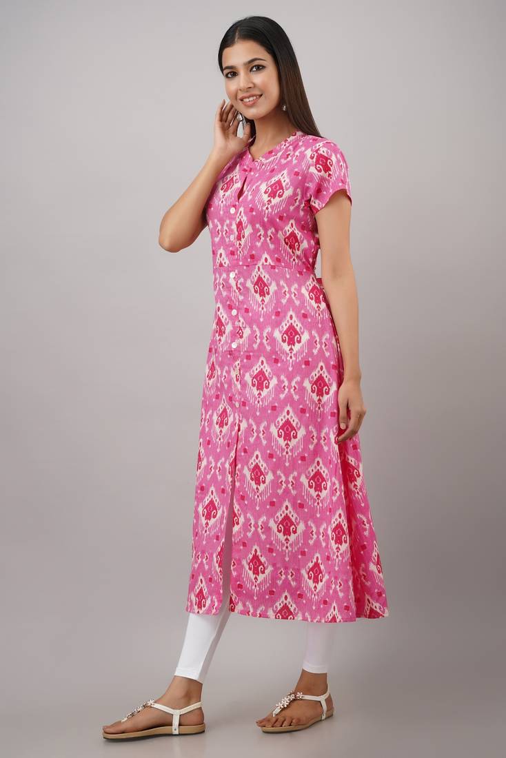 SVARCHI Women's Cotton Cambric Ikat Print A-Line Kurta (Pink)