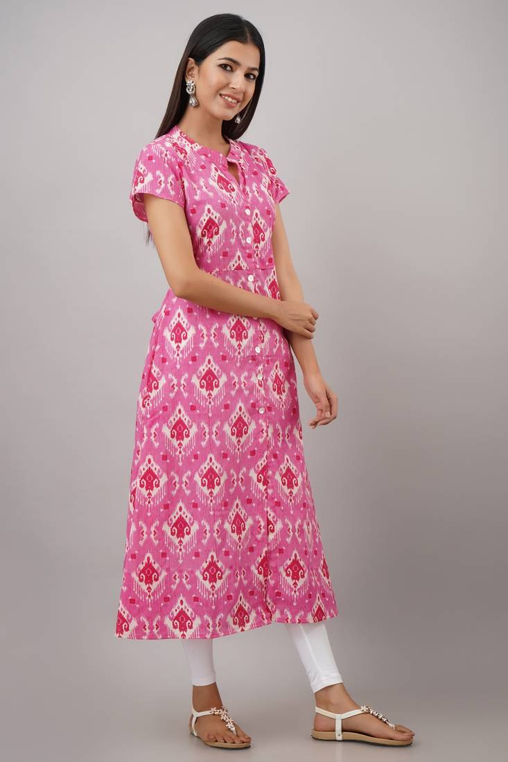 SVARCHI Women's Cotton Cambric Ikat Print A-Line Kurta (Pink)