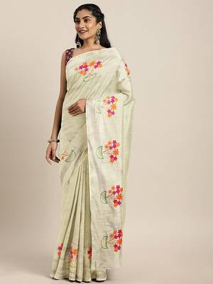Beige embroidered chanderi saree with blouse 1
