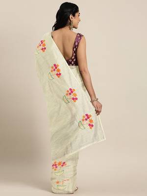 Beige embroidered chanderi saree with blouse 2