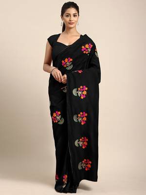 Black embroidered chanderi saree with blouse 1