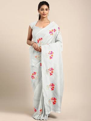 White embroidered chanderi saree with blouse 1