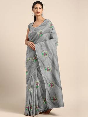 Grey embroidered chanderi saree with blouse 1