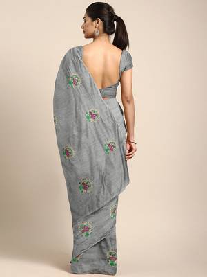 Grey embroidered chanderi saree with blouse 2