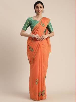 Orange embroidered chanderi saree with blouse 1