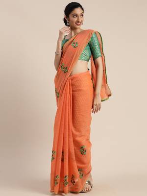 Orange embroidered chanderi saree with blouse 2
