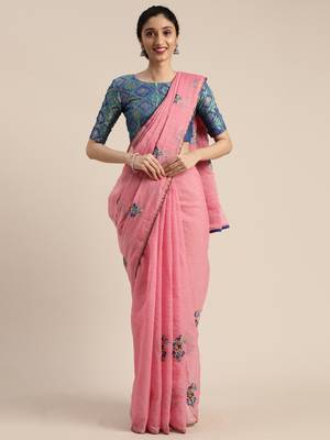 Pink embroidered chanderi saree with blouse 1