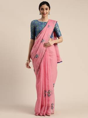 Pink embroidered chanderi saree with blouse 2