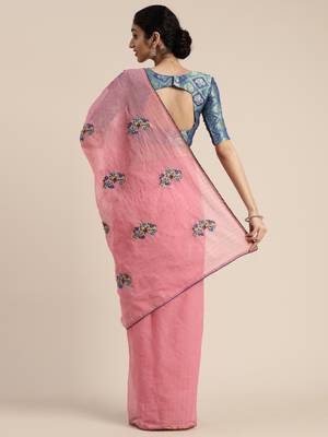 Pink embroidered chanderi saree with blouse 3