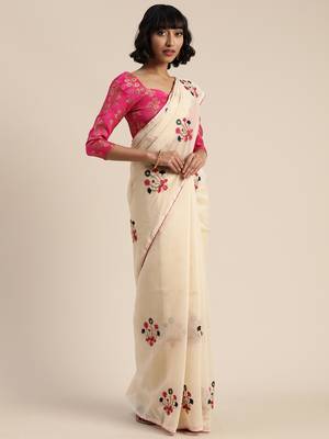 Beige embroidered chanderi saree with blouse 1