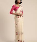 Beige embroidered chanderi saree with blouse
