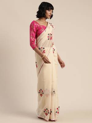 Beige embroidered chanderi saree with blouse 2