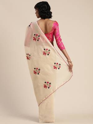 Beige embroidered chanderi saree with blouse 3