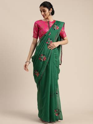 Green embroidered chanderi saree with blouse 1