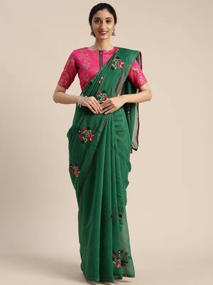 Green embroidered chanderi saree with blouse 2