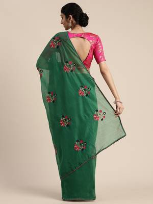 Green embroidered chanderi saree with blouse 3