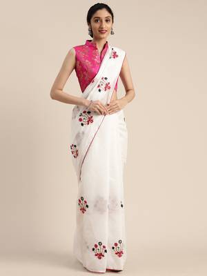 White embroidered chanderi saree with blouse 1