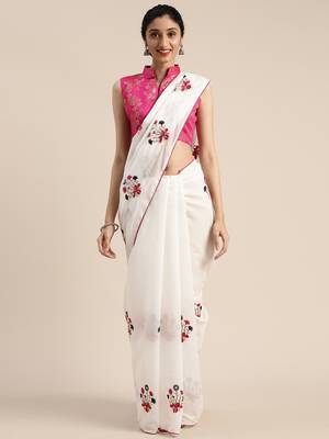 White embroidered chanderi saree with blouse 2