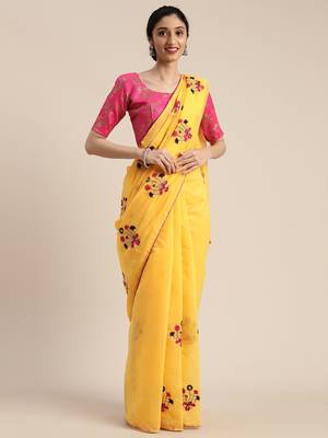 Yellow embroidered chanderi saree with blouse 1
