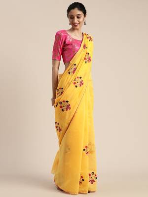 Yellow embroidered chanderi saree with blouse 2