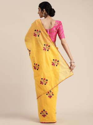 Yellow embroidered chanderi saree with blouse 3