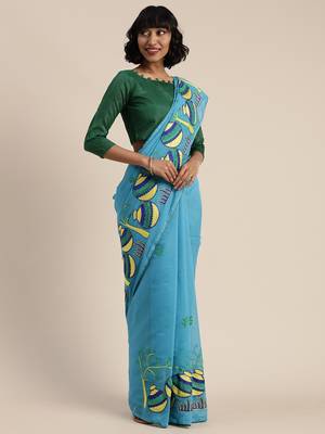 Blue embroidered chanderi saree with blouse 1