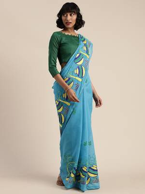 Blue embroidered chanderi saree with blouse 2