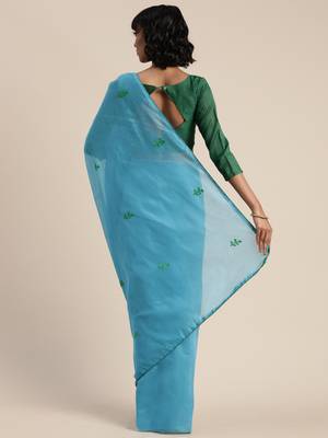 Blue embroidered chanderi saree with blouse 3