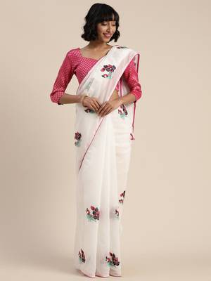 White embroidered chanderi saree with blouse 1