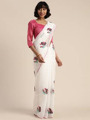 White embroidered chanderi saree with blouse 2