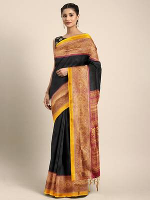 Black printed silk blend saree with blouse 1