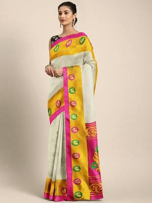 White printed silk blend saree with blouse 1