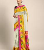 White printed silk blend saree with blouse