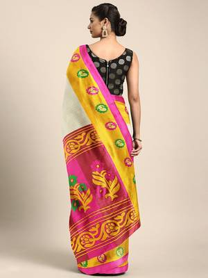 White printed silk blend saree with blouse 2