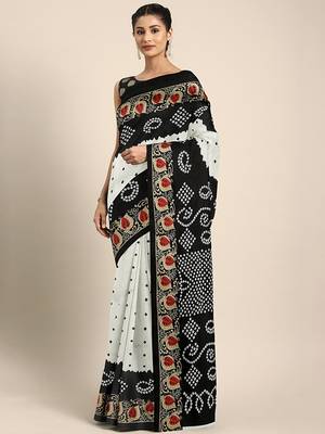 White printed silk blend saree with blouse 1