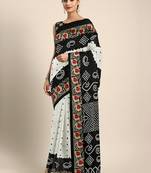 White printed silk blend saree with blouse