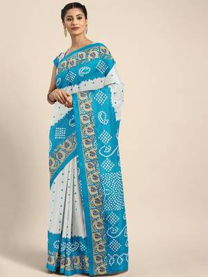 White printed silk blend saree with blouse 1