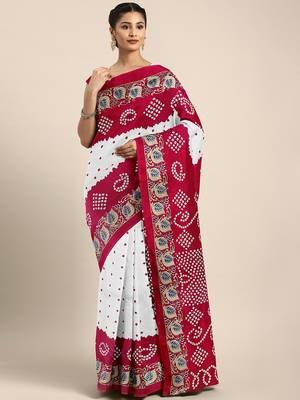 White printed silk blend saree with blouse 1