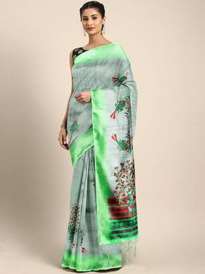 Grey printed silk blend saree with blouse 1