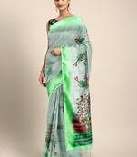 Grey printed silk blend saree with blouse