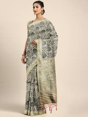Beige printed silk blend saree with blouse 1