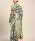 Beige printed silk blend saree with blouse